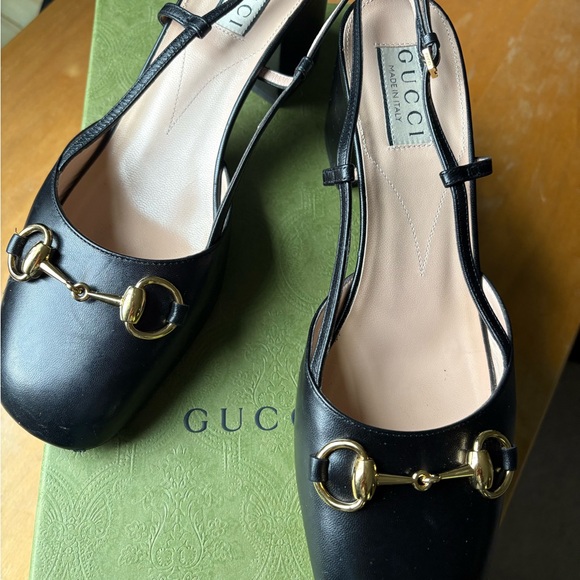 Gucci Black Leather Heels with Gold Accents - Picture 1 of 7